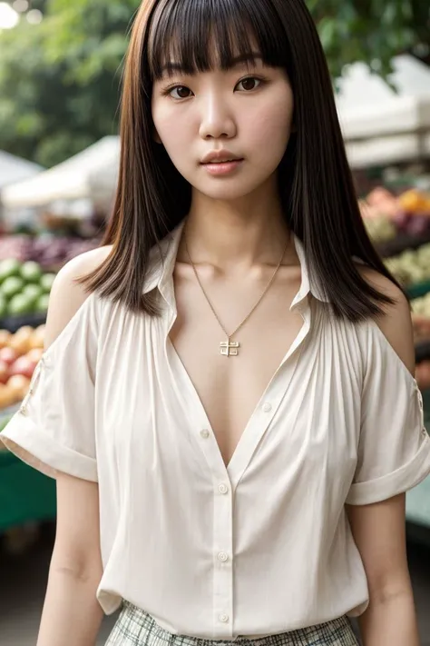 Asian woman, closeup, (shirt), pants, (farmers market), cross necklace , (), KM_ayaka, wide shoulders, perfect face, (contact iris: 1.1), pale skin, skin pores , depth of field