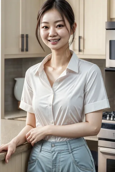 Asian woman, closeup, (shirt), pants, (kitchen), (), smiling , KM_jiau-hua, wide shoulders, perfect face, (contact iris: 1.1), pale skin, skin pores , depth of field