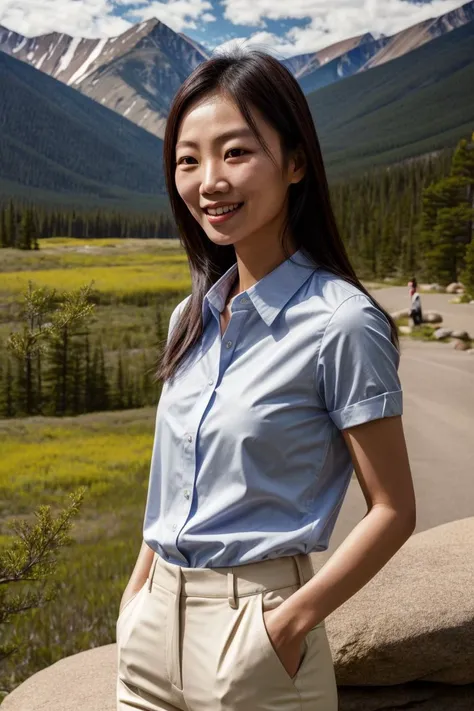 Asian woman, closeup, (shirt), pants, (rocky mountain national park), (), smiling , KM_qiao, wide shoulders, perfect face, (contact iris: 1.1), pale skin, skin pores , depth of field