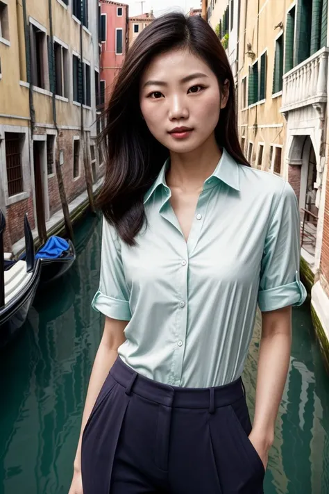 Asian woman, closeup, (shirt), pants, (venice canals), (), (), KM_michelle, wide shoulders, perfect face, (contact iris: 1.1), pale skin, skin pores , depth of field