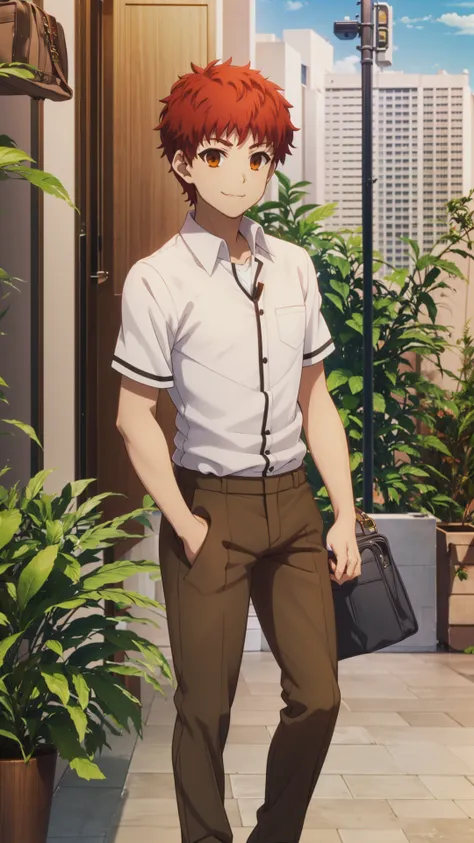 (masterpiece, best quality), ray tracing, absurdres, HDR,emiya shirou, 1boy, solo, male focus, school uniform, bag, smile, standing, red hair, shirt, plant, brown eyes, brown pants, white shirt, pants, orange hair,loafers,looking at viewer,outdoors, sky,  ...