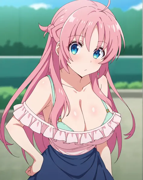 score_9,score_7_up, BREAK source_anime,looking at viewer, from front,pov,<lora:Atena_S_v1:0.8>Atena_S, 1girl, solo, long hair, pink hair,braid,blue eyes, ahoge,pink  off-shoulder shirt ,peek bra,frills,blue skirt,round breasts,outdoors,hand on hip