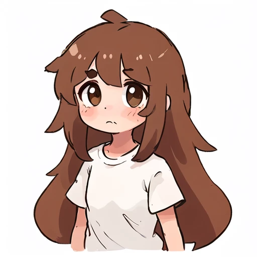 1girl, bangs, blush, closed mouth, eyebrows visible through hair, brown eyes, brown hair, long hair, looking at viewer, shirt, short sleeves, simple background, solo, upper body, virtual youtuber, white background, white shirt, [<lora:unkmpt:1>:2]