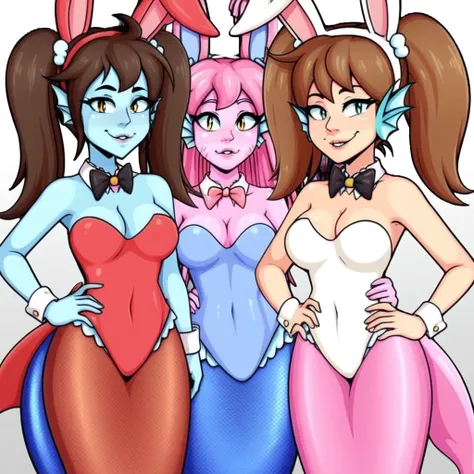 Fae, hand on hip, 1girl, animal ears, twintails, brown hair, mermaid, cat tail, pink skin, Mary Bunny Costume, blue skin