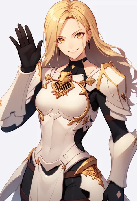 score_9, score_8_up, score_7_up, score_6_up, score_5_up, score_4_up, BREAK,
1girl, kisara, blonde hair, long hair, yellow eyes, earrings
armor, bodysuit, gloves, shoulder armor,
waving, smile, looking at viewer, solo, simple background, white background   ...