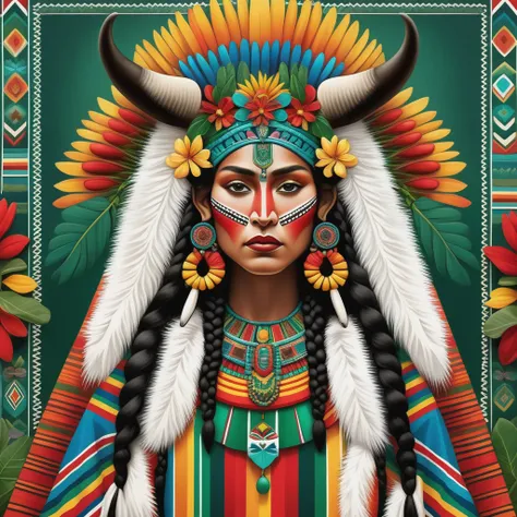 FRESHIDEAS Madonna,A beautiful illustration of an ancient Aztec woman wearing intricate and ornate traditional with colors inspired by the Mexican flag. She has long dark hair in braids that go down her back, with some white fur on top of her head. There a...