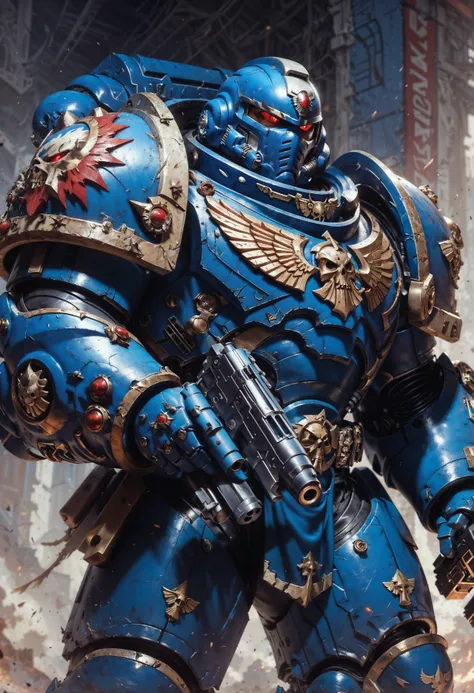 a close up of a blue warhammer with a gun in his hand