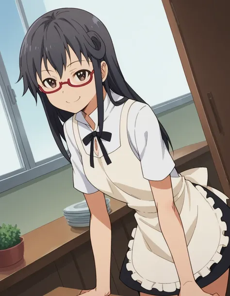 score_9, score_8_up, score_7_up, source_anime, <lora:maya-matsumoto-s2-ponyxl-lora-nochekaiser:1>, maya matsumoto, long hair, black hair, brown eyes, glasses, apron, semi-rimless eyewear, red-framed eyewear, under-rim eyewear,, apron, waitress,, indoors, b...