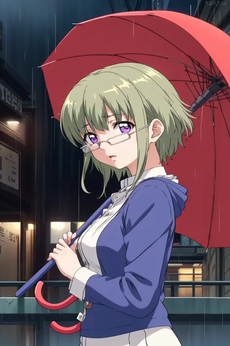 Tamae Akiyoshi, 4k, absurd, high resolution, ultra high resolution, high definition, masterpiece, 1girl, solo, short hair, long sleeves, holding, purple eyes, upper body, green hair, glasses, from side, umbrella, rain, holding umbrella, red umbrella, looki...