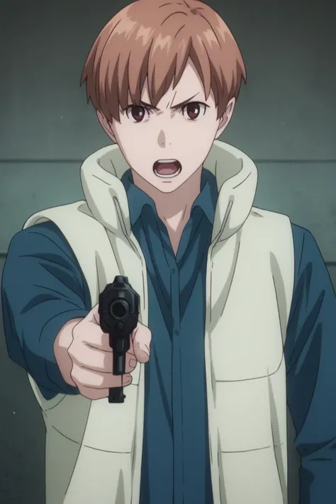 score_9, score_8_up, score_7_up, score_6_up, masterpiece, best quality, amazing quality, best aesthetic, absurdres, intricate details, james moriarty, brown hair, brown eyes, weapon, gun, 1boy, male focus, solo, holding gun, holding weapon, open mouth, hol...