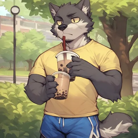 score_9_up, score_8_up, score_7_up, source_furry, furry, Flunky, 1boy, solo, park, holding, bubble tea, yellow t-shirt, blue shorts
