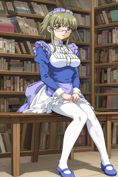 Tamae Akiyoshi, 4k, absurd, high resolution, ultra high resolution, high definition, masterpiece, 1girl, solo, short hair, brown hair, hat, dress, purple eyes, sitting, pantyhose, green hair, shoes, glasses, apron, book, maid, mary janes, white pantyhose, ...