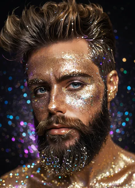 photo of a bearded man with hair in GlitterStyle, abstract background
 <lora:GlitterStyle_sdxl:0.8>