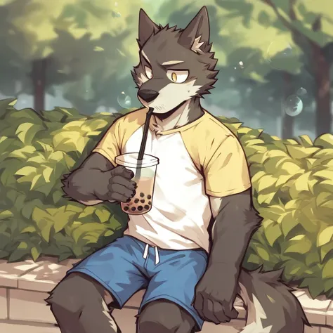 score_9_up, score_8_up, score_7_up, source_furry, furry, Flunky, 1boy, solo, park, holding, bubble tea, yellow t-shirt, blue shorts