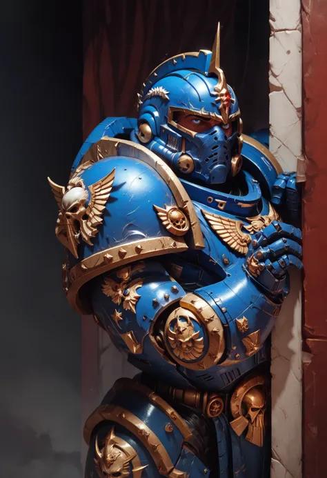 a close up of a blue and gold painted warhammer statue