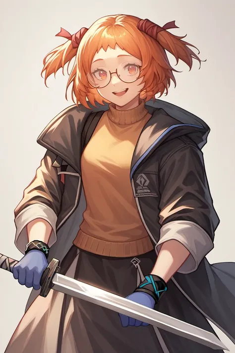 <lora:Beagle-000003:1> beagle (arknights), b34gl3, 1girl, orange hair, orange eyes, glasses, solo, bracelet, blue gloves, jacket, holding sword, skirt, source_anime, score_8_up, score_7_up, score_6_up, smile, open mouth,