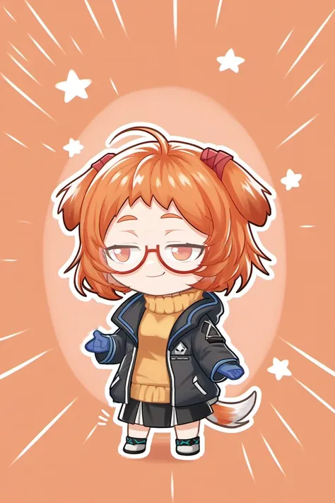 <lora:Beagle-000003:1> beagle (arknights), b34gl3, 1girl, orange hair, orange eyes, semi-rimless glasses, solo, (chibi:1.2), full body, happy, tail, abstract background, skirt, smug, star (symbol), motion lines, half-closed eyes, smirk, looking to the side...