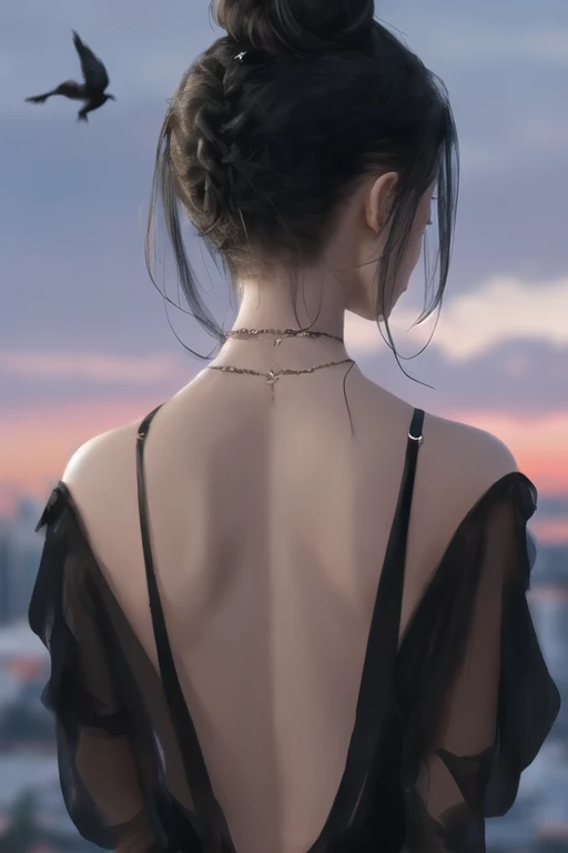 by wlop,1girl,dress,solo,black dress,sky,bird,black hair,from behind,arms behind back,city,cloud,single hair bun,cityscape,outdoors,bare shoulders,hair bun,short hair,sunset,building,backless dress,