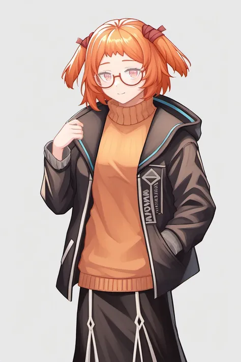 <lora:Beagle-000003:1> beagle (arknights), b34gl3, 1girl, orange hair, orange eyes, glasses, solo, sweater, open jacket, skirt, score_4_up, score_5_up