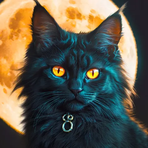 black fluffy gorgeous dangerous cat animal creature, large orange eyes, big fluffy ears, piercing gaze, full moon, dark ambiance, best quality, extremely detailed