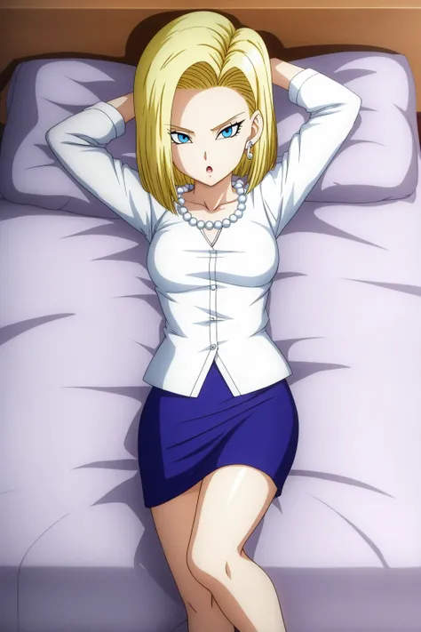 sysdeep_android18, 1girl, solo, long_hair, looking_at_viewer, short_hair, open_mouth, blue_eyes, blonde_hair, shirt, jewelry, collarbone, white_shirt, earrings, lying, parted_lips, on_back, necklace, :o, eyelashes, expressionless, bead_necklace, pearl_neck...