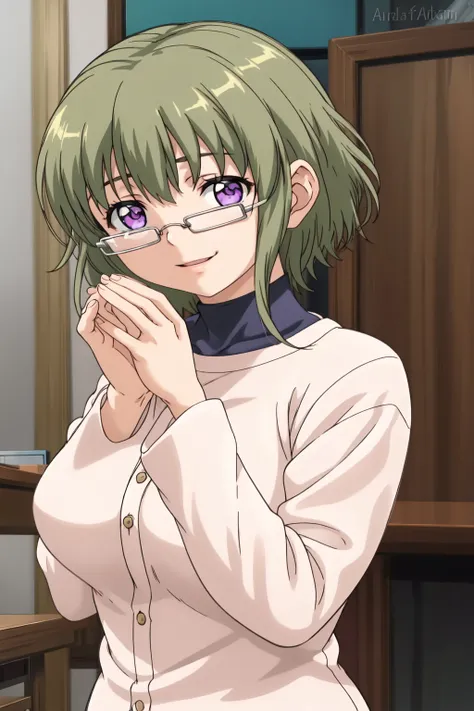 Tamae Akiyoshi, 4k, absurd, high resolution, ultra high resolution, high definition, masterpiece, 1girl, solo, looking at viewer, smile, short hair, blonde hair, large breasts, long sleeves, purple eyes, upper body, sidelocks, green hair, glasses, buttons,...