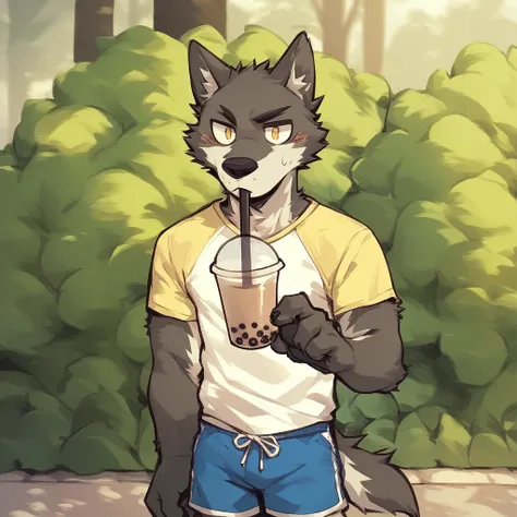 score_9_up, score_8_up, score_7_up, source_furry, furry, Flunky, 1boy, solo, park, holding, bubble tea, yellow t-shirt, blue shorts