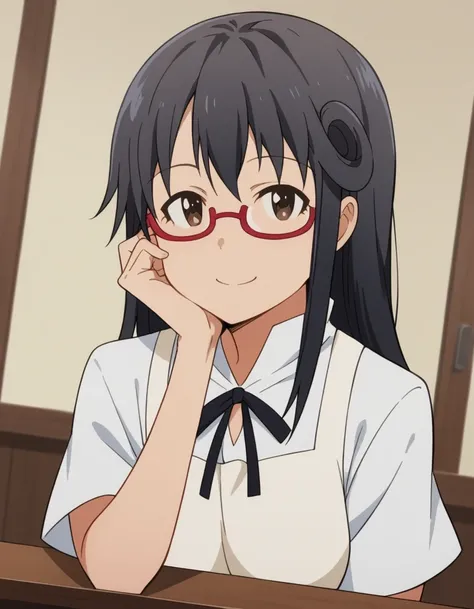 score_9, score_8_up, score_7_up, source_anime, <lora:maya-matsumoto-s2-ponyxl-lora-nochekaiser:1>, maya matsumoto, long hair, black hair, brown eyes, glasses, apron, semi-rimless eyewear, red-framed eyewear, under-rim eyewear,, apron, waitress,, indoors, s...