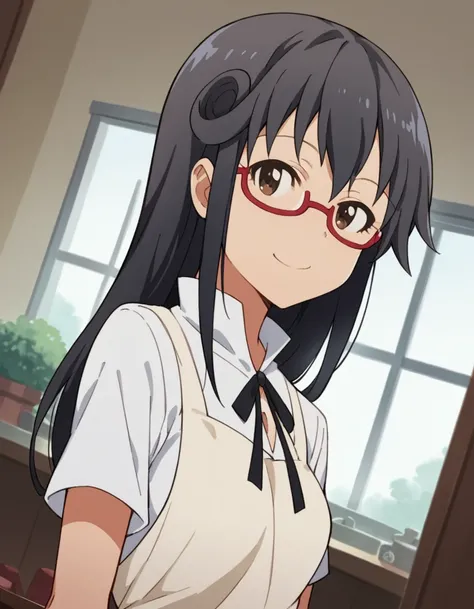 score_9, score_8_up, score_7_up, source_anime, <lora:maya-matsumoto-s2-ponyxl-lora-nochekaiser:1>, maya matsumoto, long hair, black hair, brown eyes, glasses, apron, semi-rimless eyewear, red-framed eyewear, under-rim eyewear,, apron, waitress,, indoors, s...