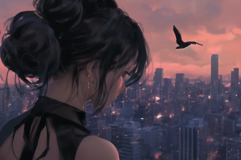 by wlop,1girl,dress,solo,black dress,sky,bird,black hair,from behind,arms behind back,city,cloud,single hair bun,cityscape,outdoors,bare shoulders,hair bun,short hair,sunset,building,backless dress,