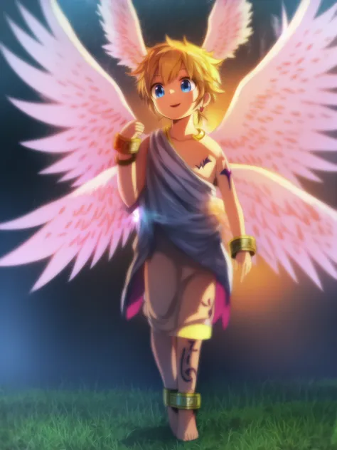 A boy walks in the woods,the sun is shining,and the boy has a happy expression on his face,(masterpiece:1.2),best quality,masterpiece,highres,original,extremely detailed wallpaper,perfect lighting,(extremely detailed CG:1.2),<lora:feilong:1>,
wings, blonde...