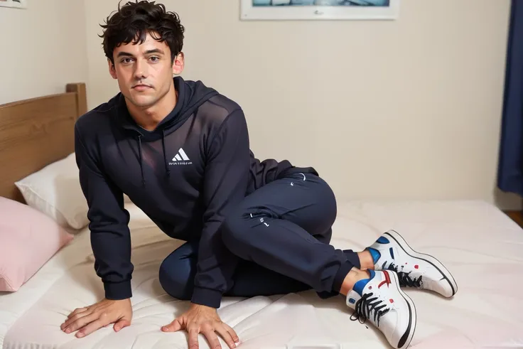 score_9, score_8, score_7, 1boy, Tom_Daley, male, on all fours, hoodie off, sweater pants, sneakers, on his bed, looking to viewer, laying on side<lora:EMS-433158-EMS:1.000000>