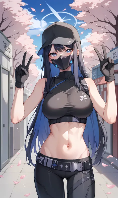 score_9, score_8_up, score_7_up, BREAK source_anime, 1girl, solo, outdoors, street, cherry blossoms, cowboy shot, standing, looking at viewer, saori, blue eyes, black hair, colored-inner hair, long hair, halo, baseball cap, black cap, mask, mouth mask, bla...