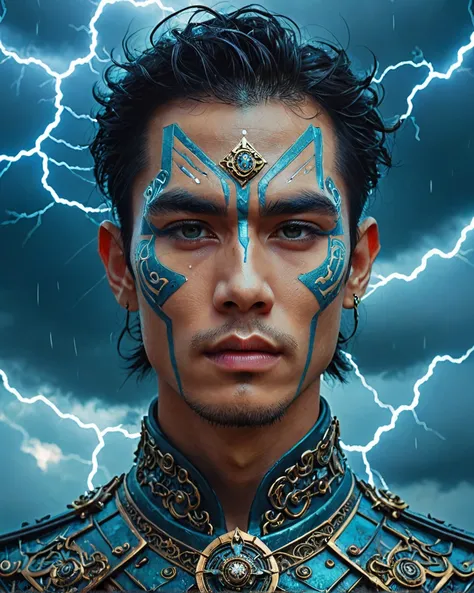 <lora:shaman2:1> adrr-shmn, D&D style portrait, fantasy, art by Soraya Saga, digital art, Male Automaton, Thunderstorm, Fantasy art, Japanese influences, ethereal, detailed face, luxury, romantic, cute, highly color focused, imposing, positive emotional, d...