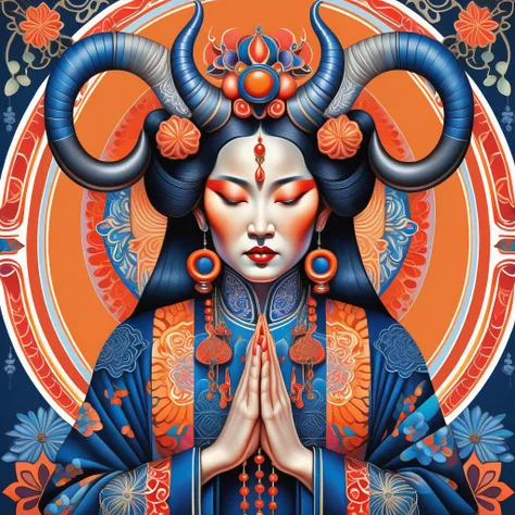 FRESHIDEAS Madonna,A full body portrait of an Asian empress with horns and beautiful eyes,wearing ornate in the style of bold graphic illustrations in blues,reds and oranges. She is praying. Vibrant colors,detailed background,colorful patterns,highly styli...