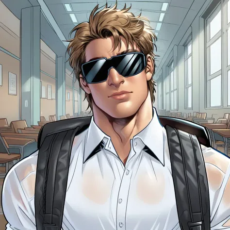 score_9,  shinnnag, brown light hair, black visor, muscular male, standing, indoors, school, halls, white shirt, black backpack, looking at the viewer, serious face, <lora:shinnnag:1>,  <lora:Suyohara_style:1>