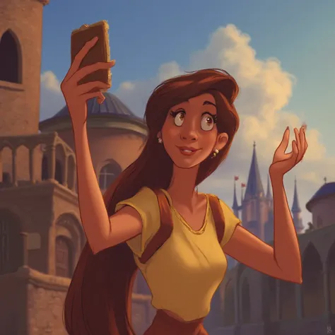 woman taking a selfie, disney style