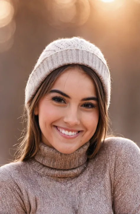 (medium-wide shot, upper body), beautiful woman Tatiana Coco, smile, brown eyes, wool turtleneck sweatshirt, beanie, hyperdetailed photography, ultrasharp, soft light, romantic wintertime ambience, bokeh <lora:Tatiana_Coco_SDXL:0.95>