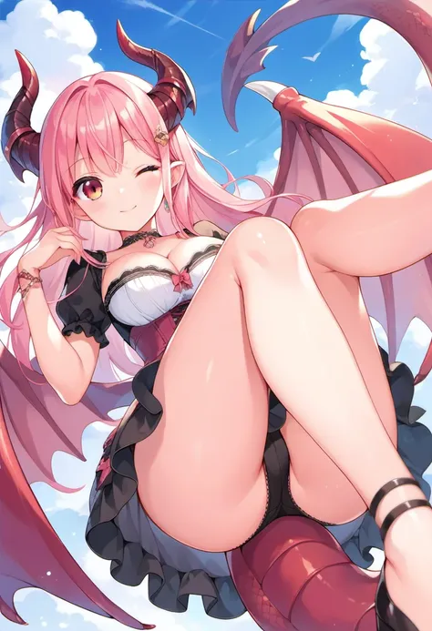 score_9, score_8_up, score_7_up, source_anime, 1girl, dragon girl, horns, wings, dragon tail, thighs, wink, pink hair, sky, (black panties, legs up:0.75), corset dress, cleavage, cute,