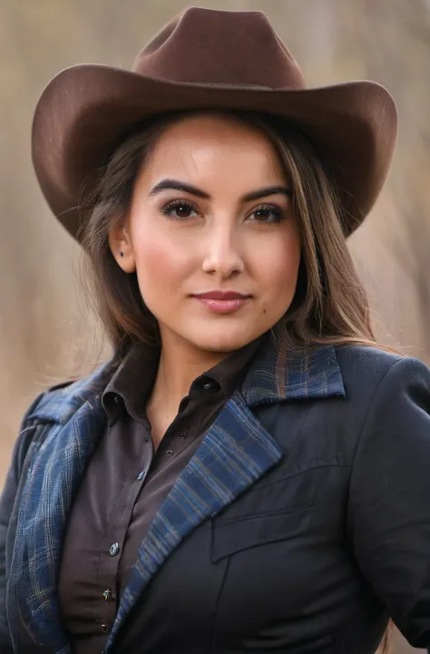 (medium-wide shot, upper body), beautiful woman Tatiana Coco, subtle smile, brown eyes, as a bounty hunter in a cowboy movie, dark coat, cowboy hat, hyperdetailed photography, ultrasharp, soft light, dramatic ambience, bokeh <lora:Tatiana_Coco_SDXL:0.95>