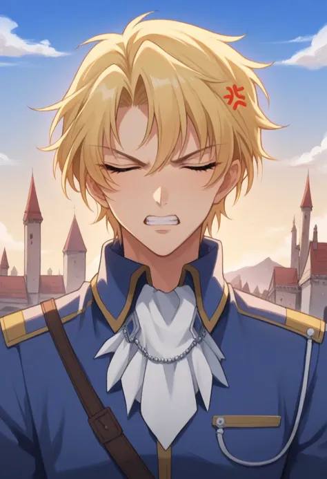 score_9, score_8_up, score_7_up, source_anime, highly detailed, 
wolfram, 1boy, solo, male focus blonde hair, uniform, closed eyes, military, 
military uniform, ascot, looking at viewer, slender, skinny, 
androgynous, teeth, anger vein, parody,
outdoor, me...