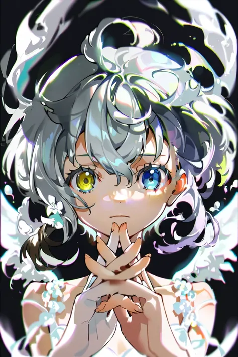 score_9, score_8_up, score_7_up,
yoneyama_mai, heterochromia, blue_eyes, solo, yellow_eyes, black_background, looking_at_viewer, 1girl, interlocked_fingers, short_hair, own_hands_together, wings, portrait, hair_between_eyes, grey_hair, straight-on, white_w...