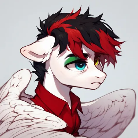 score_9, score_8_up, score_7_up, score_6_up, score_5_up, score_4_up, solo, male, stallion, pony, white pegasus, pegasus, white body, wings, heterochromia, red and black hair, red hair, black hair, two-toned hair, green makeup, makeup, red shirt,