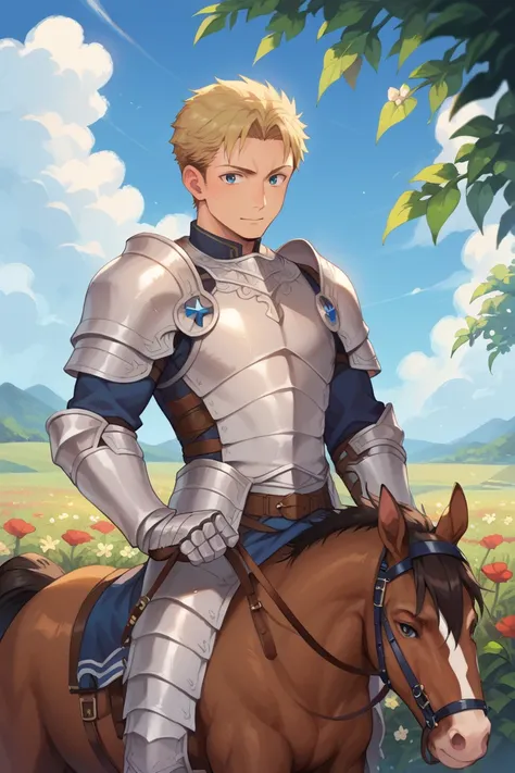 Prompt: score_9, score_8_up, score_7_up, masterpiece, source_anime, more detail XL, 1boy, male focus, flower fields, open sky, outdoors, solo male, solo focus, Clive, blonde hair, blue eyes, forehead, armor, horse, riding horse, horseback, reins, armored h...