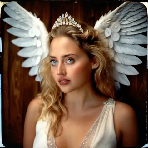 photograph EstellaWarren, (Best Quality, Masterpiece:1.4), (Realism:1.2), (Realisitc:1.2), (Absurdres:1.2), (photorealistic:1.3), 1girl, Realistic Skin, Solo, ( Very Big Eyes, beautiful detailed eyes, symmetric eyes), cowboy shot, dress, wings, 50mm . cine...