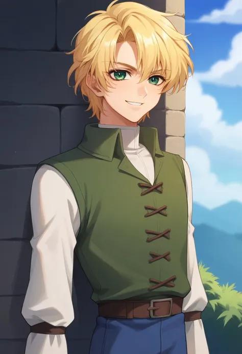 score_9, score_8_up, score_7_up, source_anime, highly detailed, 
wolfram, blonde hair, 1boy, male focus, solo, green eyes, tunic,
short over long sleeves, layered sleeves, blue pants, upper body slender, skinny, androgynous, smile, smirk,
outdoor, medieval...