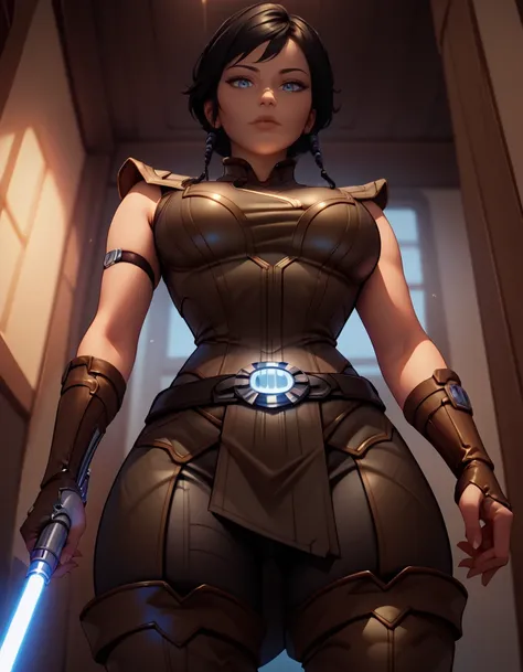 score_9, score_8_up, score_7_up,score_6_up, score_5_up, score_4_up , 1girl, solo, 
large breasts, 
sateleshandg,
black hair, blue eyes, 
armor, thigh boots,  belt, 
holding lightsaber,
looking at viewer, holding weapon, 
from below,
 <lora:Satele Shan Pony...