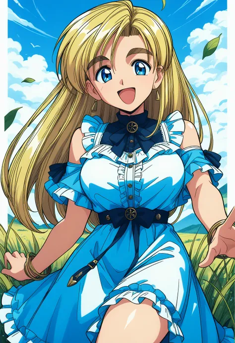 1girl, solo, field, sky, smile, open mouth, large breasts, (cowboy shot, dynamic pose:1.4), 
aitoma_thirty, blue eyes, blonde hair, long hair, thick eyebrows, dress,  <lora:aitoma_thirty_pony_ver2:0.8>, score_9, score_8_up, score_7_up, source_anime, best q...