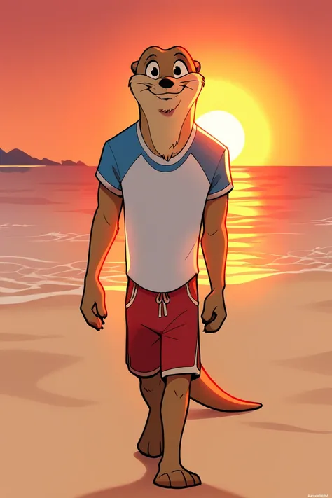 score_9, score_8_up, score_7_up, DeanWilson, 1boy, otter,shirt, red shorts, slender body, walking,outoors, portrait, front view, cowboy shot, looking at the viewer, slighty smiling, beach, sunset, warm colors, dim lighting, rim lighting, hyper detailed