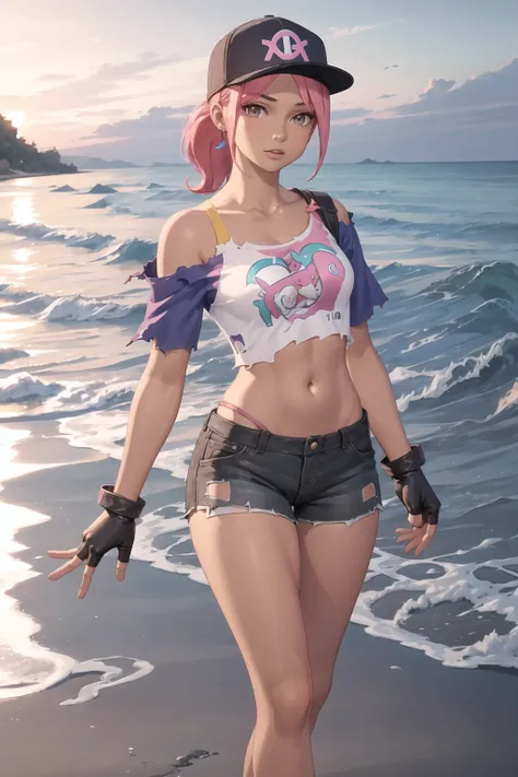 1girl, standing, looking at viewer, <lora:FKBBomber-000010:0.5>, fkbbomber, dark skin, pink hair, ponytail, baseball cap, crop top, off shoulder, bra strap, navel, black shorts, torn clothes, fingerless gloves, beach, sea